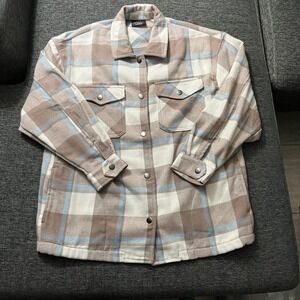 HFX Jacket Mens Medium Beige Plaid Flannel Shirt Shacket Snap Front Casual